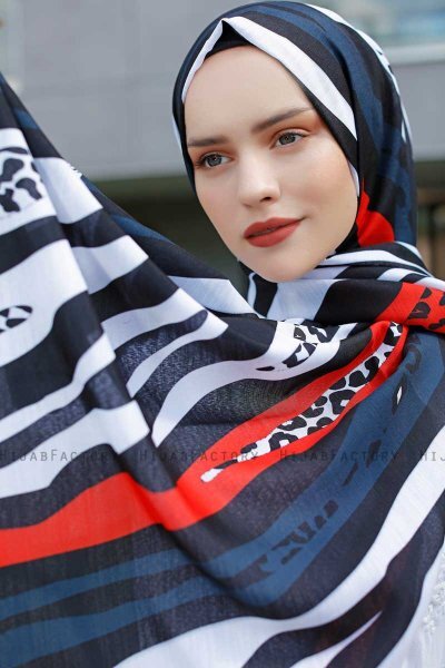 Emel - Hijab à Motifs Bleu Marin & Rouge - Sal Evi