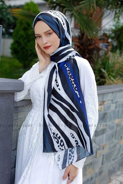 Emel - Hijab à Motifs Bleu Marin & Blanc - Sal Evi