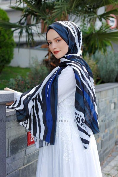 Emel - Hijab à Motifs Bleu Marin & Blanc - Sal Evi