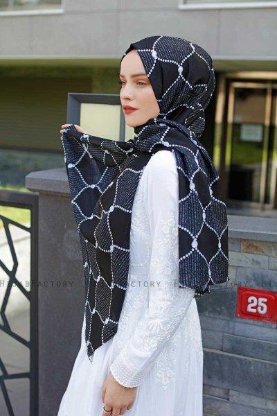 Tutku - Hijab à Motifs Bleu Marin & Blanc - Sal Evi
