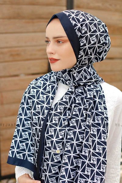 Hijab Twill à Motifs Bleu Marin - Sal Evi