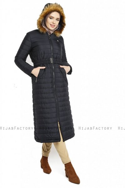 Yeliz - Veste Longue Bleu Marin Avec Capuche