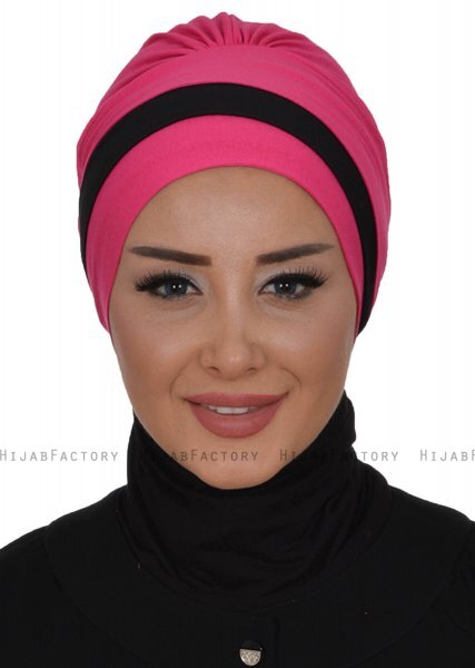 Elsa - Turban En Coton Fuchsia & Noir