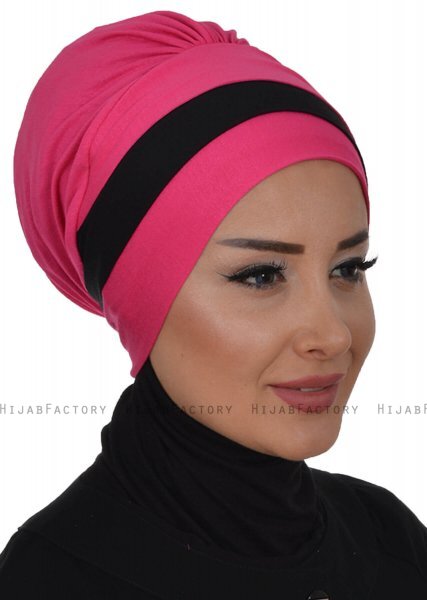 Elsa - Turban En Coton Fuchsia & Noir