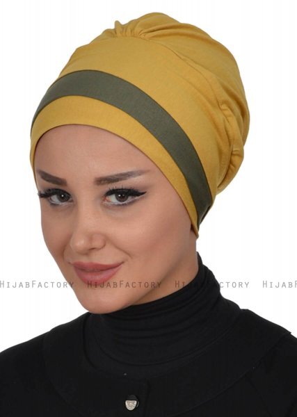 Elsa - Turban En Coton Moutarde & Kaki