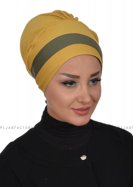 Elsa - Turban En Coton Moutarde & Kaki