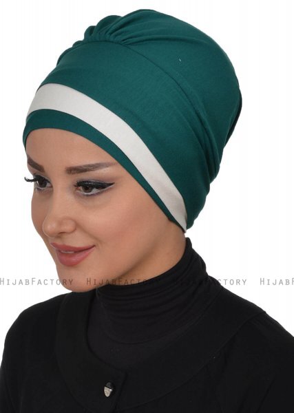 Elsa - Turban En Coton Vert Foncé & Crème