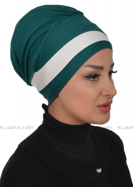 Elsa - Turban En Coton Vert Foncé & Crème