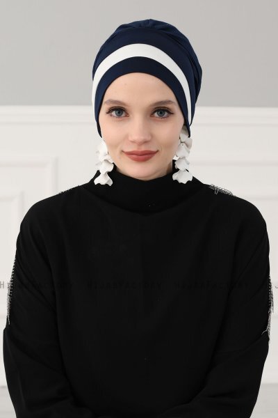 Elsa - Turban En Coton Bleu Marin & Crème