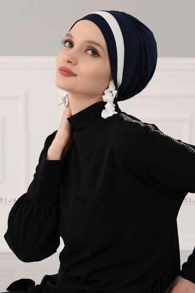 Elsa - Turban En Coton Bleu Marin & Crème
