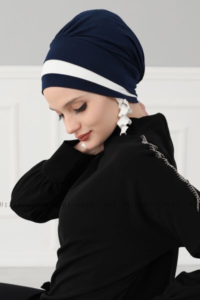 Elsa - Turban En Coton Bleu Marin & Crème