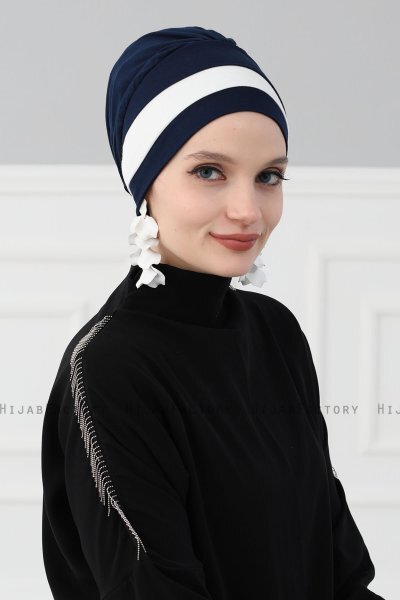 Elsa - Turban En Coton Bleu Marin & Crème
