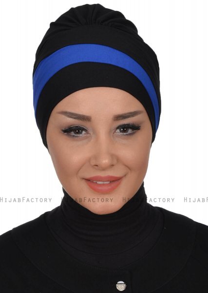 Elsa - Turban En Coton Noir & Bleu