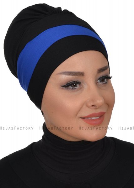 Elsa - Turban En Coton Noir & Bleu