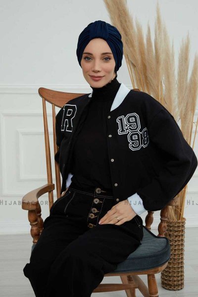 Laura - Turban En Coton Bleu Marin