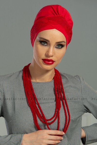 Molly - Turban Coton Dentelle Rouge