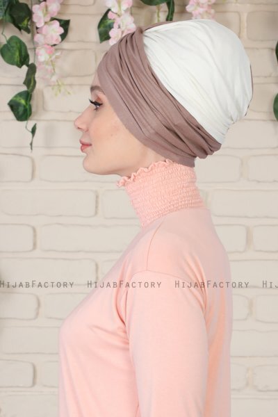 Fiona - Turban En Coton Taupe Foncé & Crème