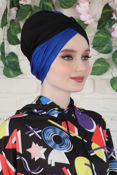 Fiona - Turban En Coton Noir & Bleu