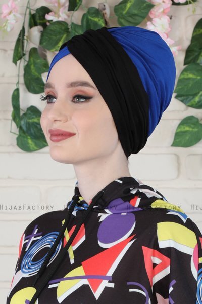 Fiona - Turban En Coton Noir & Bleu