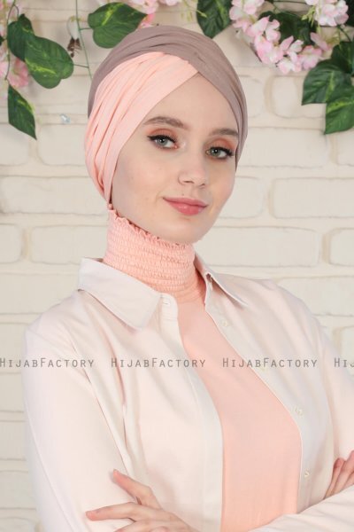Fiona - Turban En Coton Taupe Foncé & Vieux Rose