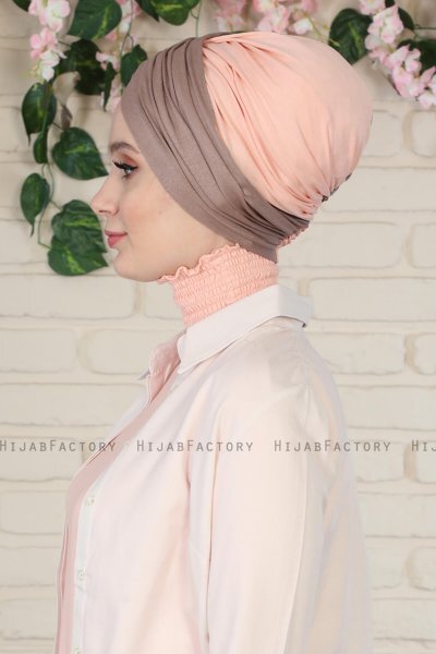 Fiona - Turban En Coton Taupe Foncé & Vieux Rose