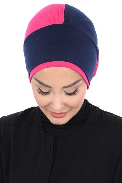 Clara - Turban En Coton Bleu Marin & Fuchsia