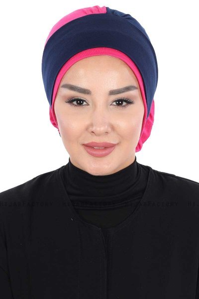 Clara - Turban En Coton Bleu Marin & Fuchsia