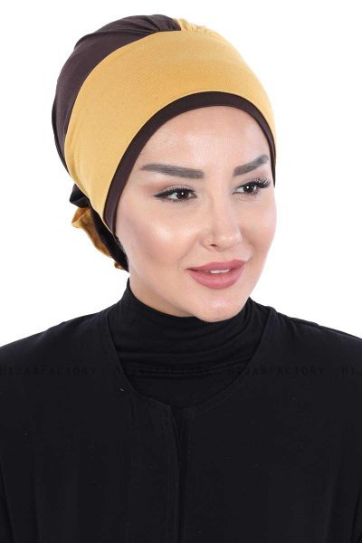 Clara - Turban En Coton Moutarde & Marron