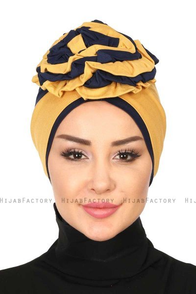 Clara - Turban En Coton Moutarde & Bleu Marin
