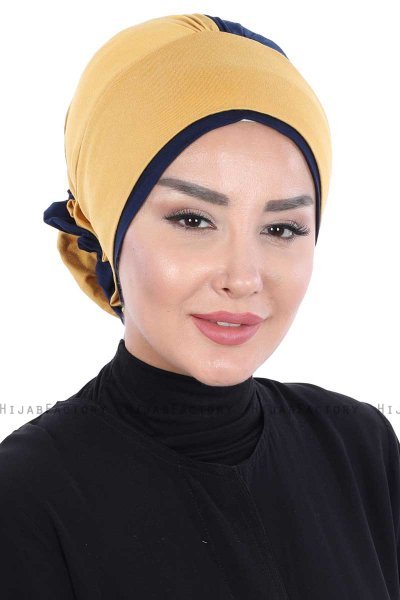 Clara - Turban En Coton Moutarde & Bleu Marin
