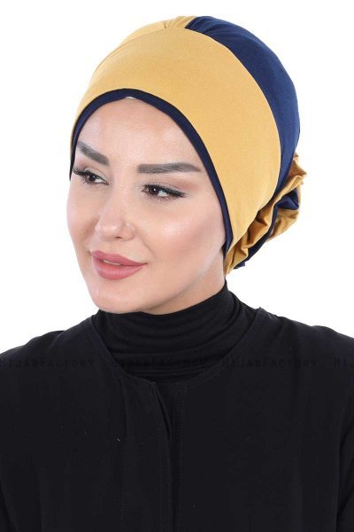 Clara - Turban En Coton Moutarde & Bleu Marin