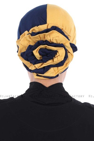 Clara - Turban En Coton Moutarde & Bleu Marin