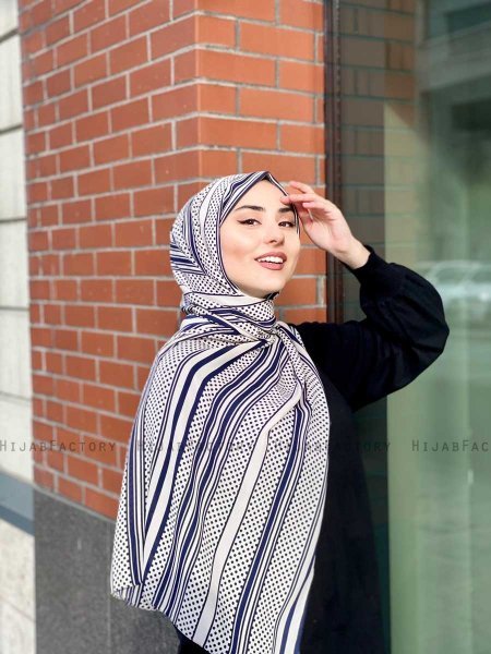 Dalal - Hijab A Motifs En Crêpe Bleu Marin & Crème