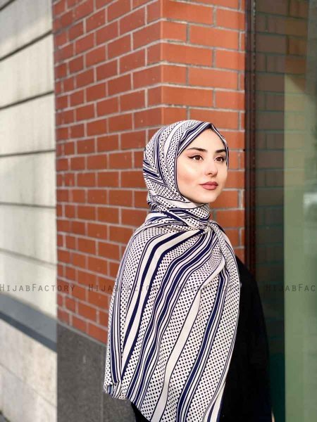 Dalal - Hijab A Motifs En Crêpe Bleu Marin & Crème