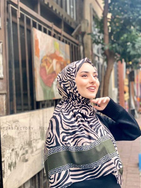 Kadifa - Hijab A Motifs En Coton Kaki & Beige - Mirach