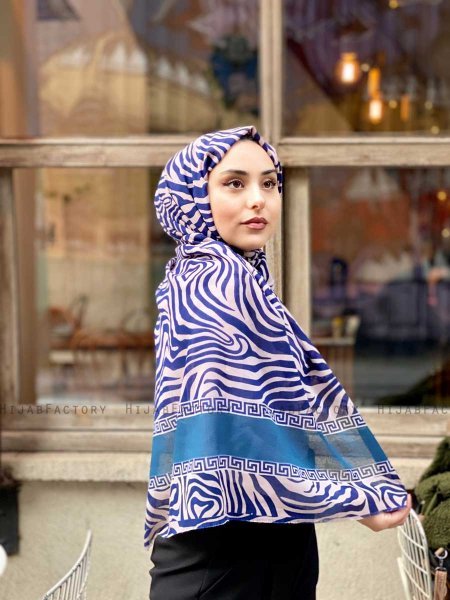 Kadifa - Hijab A Motifs En Coton Bleu Marin & Beige - Mirach