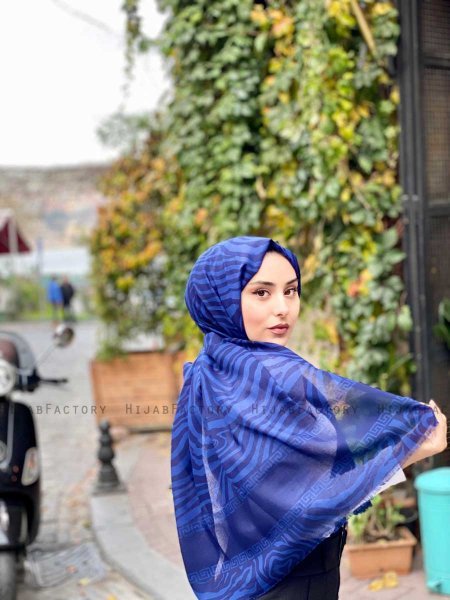 Kadifa - Hijab A Motifs En Coton Bleu Marin - Mirach