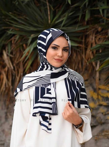 Marwa - Hijab A Motifs Crepe Bleu Marin
