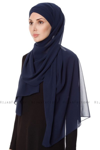 Mehtap - Chiffon Hijab Pratique One-Piece Bleu Marin