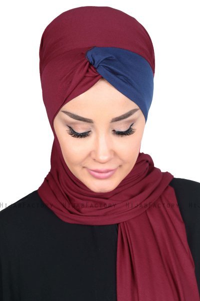 Mikaela - Hijab Coton Pratique Bordeaux & Bleu Marin