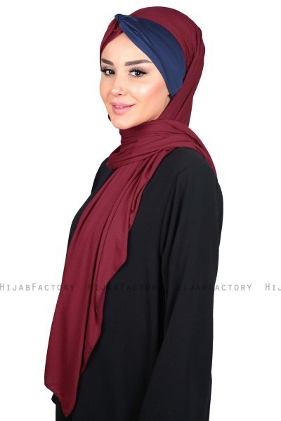 Mikaela - Hijab Coton Pratique Bordeaux & Bleu Marin