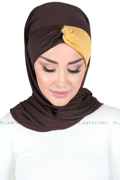 Mikaela - Hijab Coton Pratique Marron & Moutarde