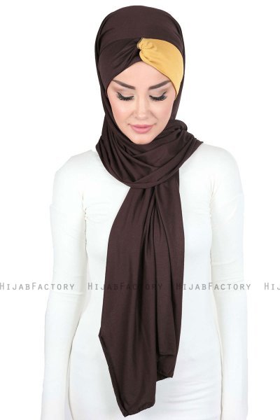 Mikaela - Hijab Coton Pratique Marron & Moutarde