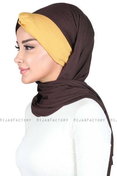 Mikaela - Hijab Coton Pratique Marron & Moutarde