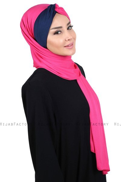 Mikaela - Hijab Coton Pratique Fuchsia & Bleu Marin