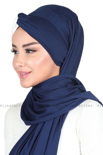 Mikaela - Hijab Coton Pratique Bleu Marin & Crème