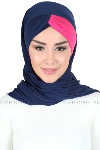 Mikaela - Hijab Coton Pratique Bleu Marin & Fuchsia