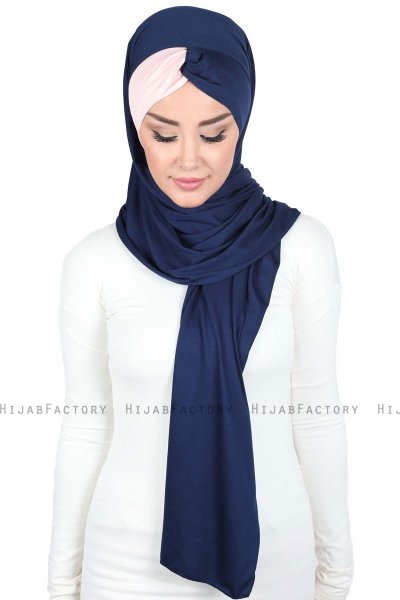 Mikaela - Hijab Coton Pratique Bleu Marin & Vieux Rose