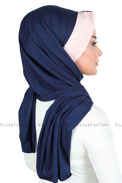 Mikaela - Hijab Coton Pratique Bleu Marin & Vieux Rose