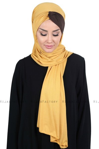 Mikaela - Hijab Coton Pratique Moutarde & Marron